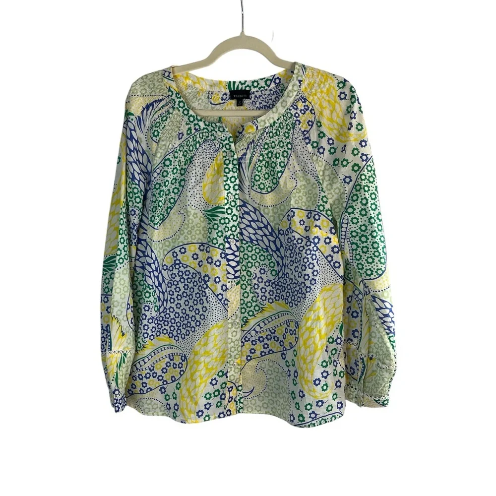 Talbots 100% Cotton Colorful Floral Paisley Blouse M Lightweight Button Front - Picture 1 of 7
